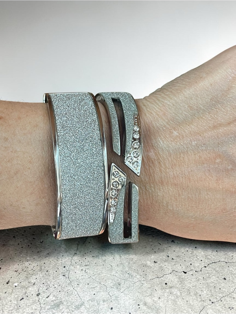 Silver Glitter Crystal Bangle Bracelet Curated Pair